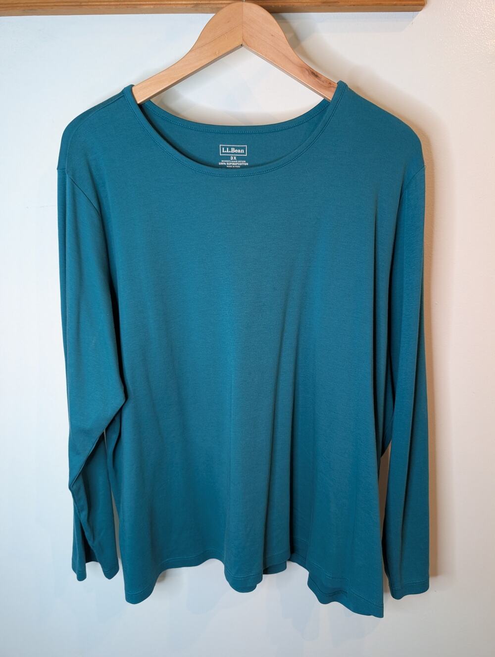 L.L.Bean Womens 3X Supima Cotton Long Sleeve Top Teal Green Crew Neck Relaxed